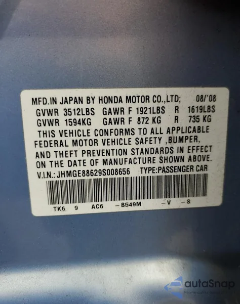 2009 Honda Fit Sport from USA, damaged, VIN JHMGE88629S008656
